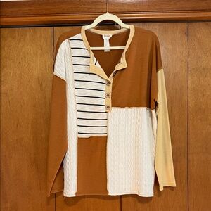 BiBi Patchwork Henley Top in Brown and Cream